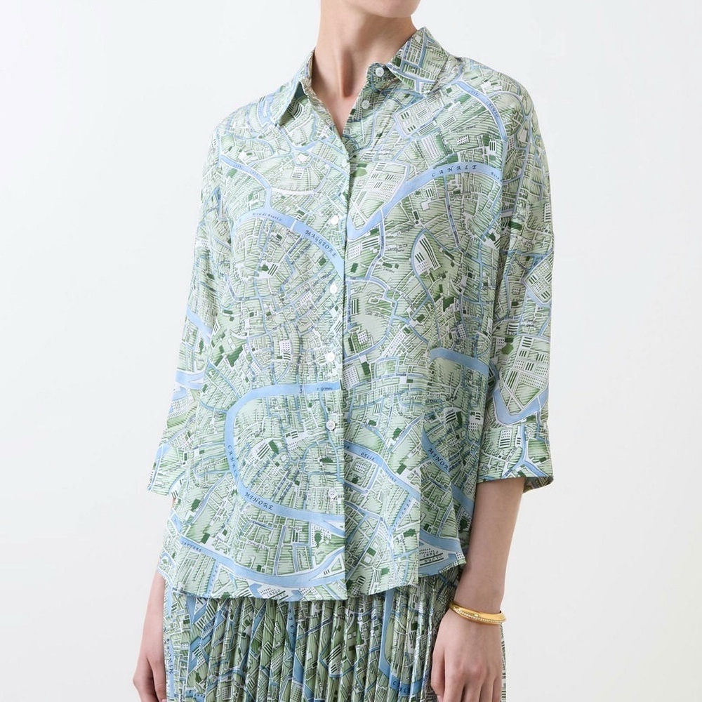 Max Mara Weekend Peana Map Print Silk Shirt Blouse Mint Green Blue Stripe L
